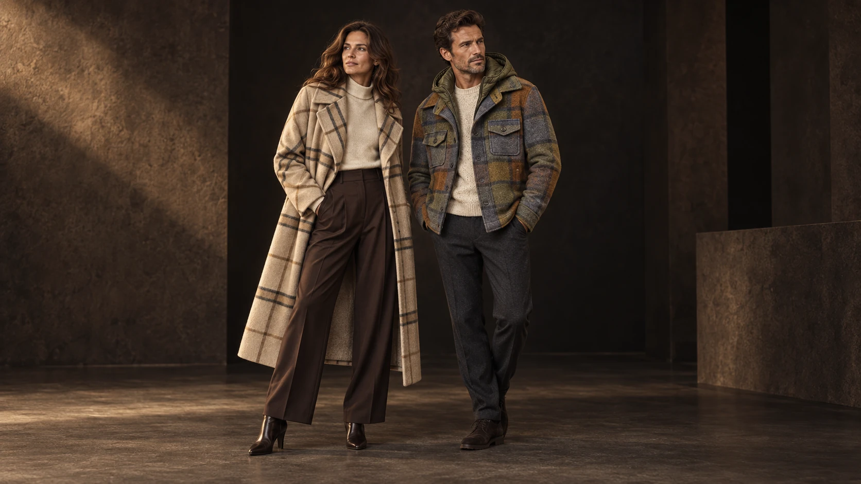 Die Herbstkollektion: Dame im karierten YAYA-Mantel, Herr im karierten BOB-Overshirt