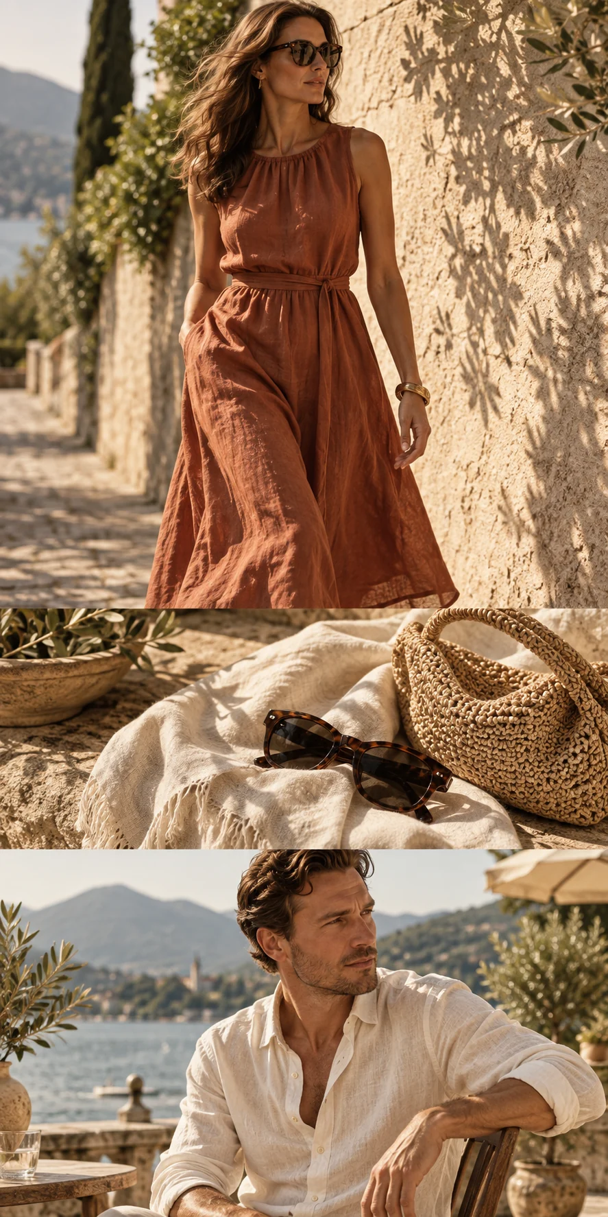 Sommercollage mit Terrakotta-Kleid, Leinen, Basttasche und leichter Herrenmode.